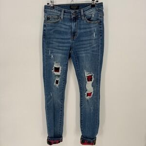 Judy Blue Distressed Skinny Jeans Red Plaid Patches Cuffed‎ Womens Size 3 26